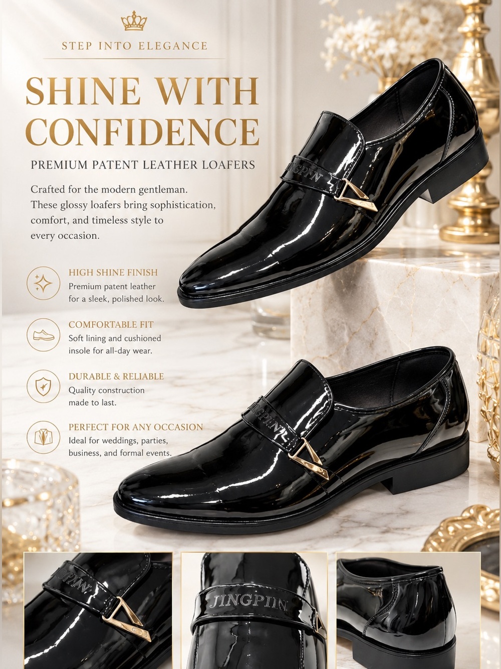 Jingpin Black Patent Leather Dress Shoes - Size 44 (Approx. US Men’s 10.5) NEW